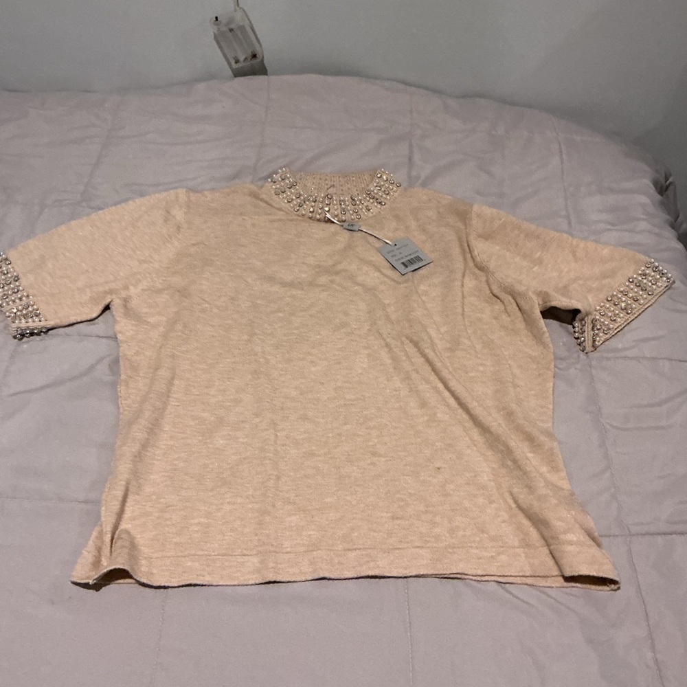Chic Beige Embellished Women's Top